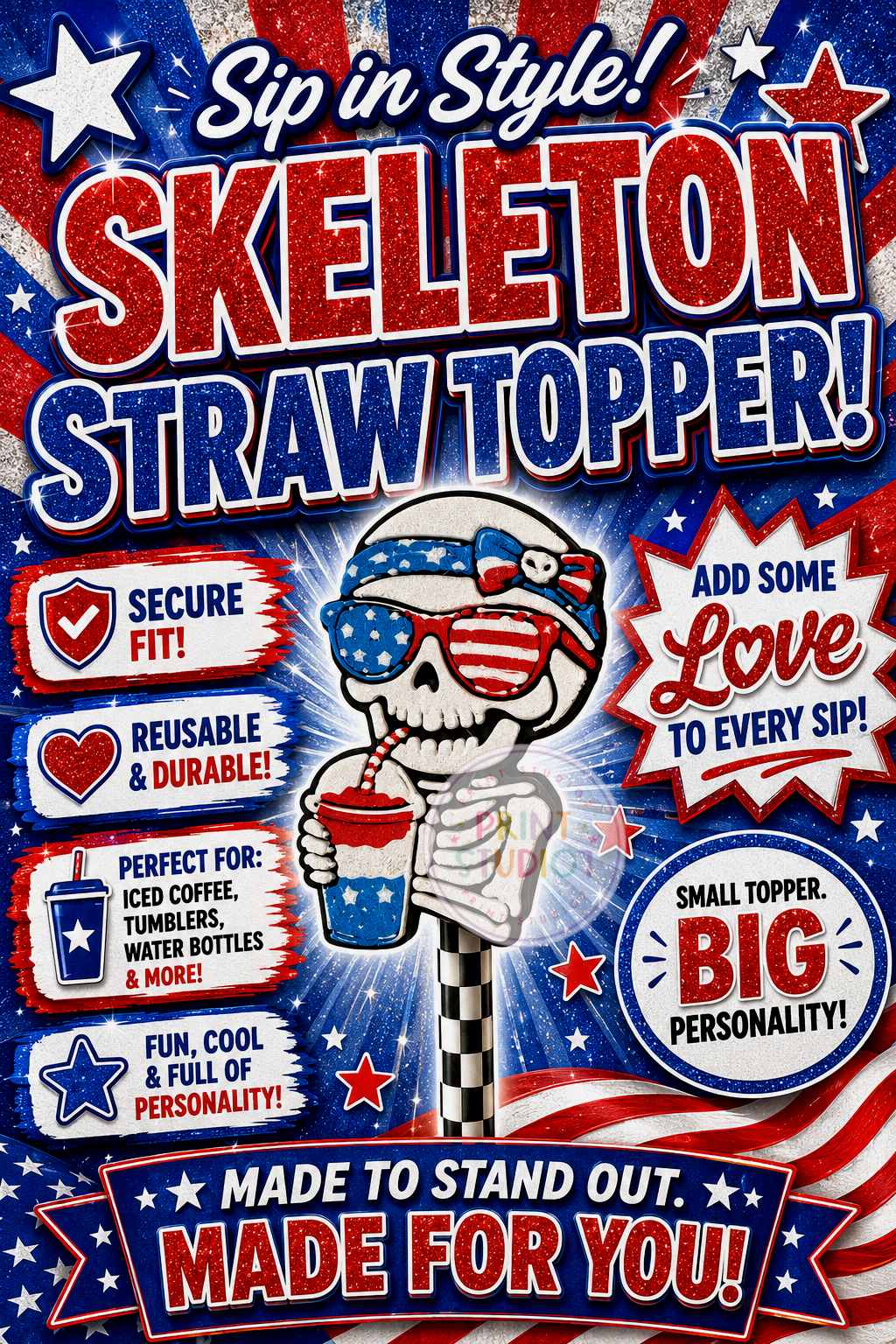 Straw Topper Patriotic Skeleton