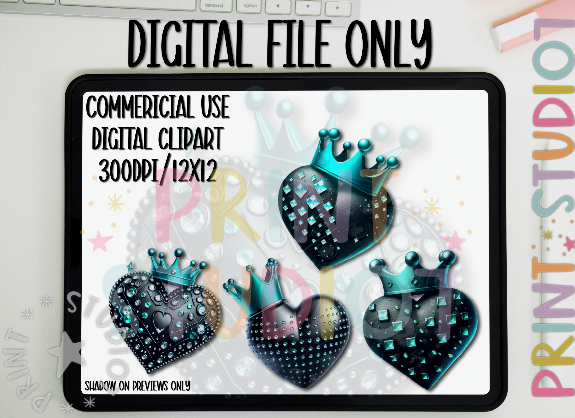 DIGITAL: Clipart Crawn Heart Teal_Set1