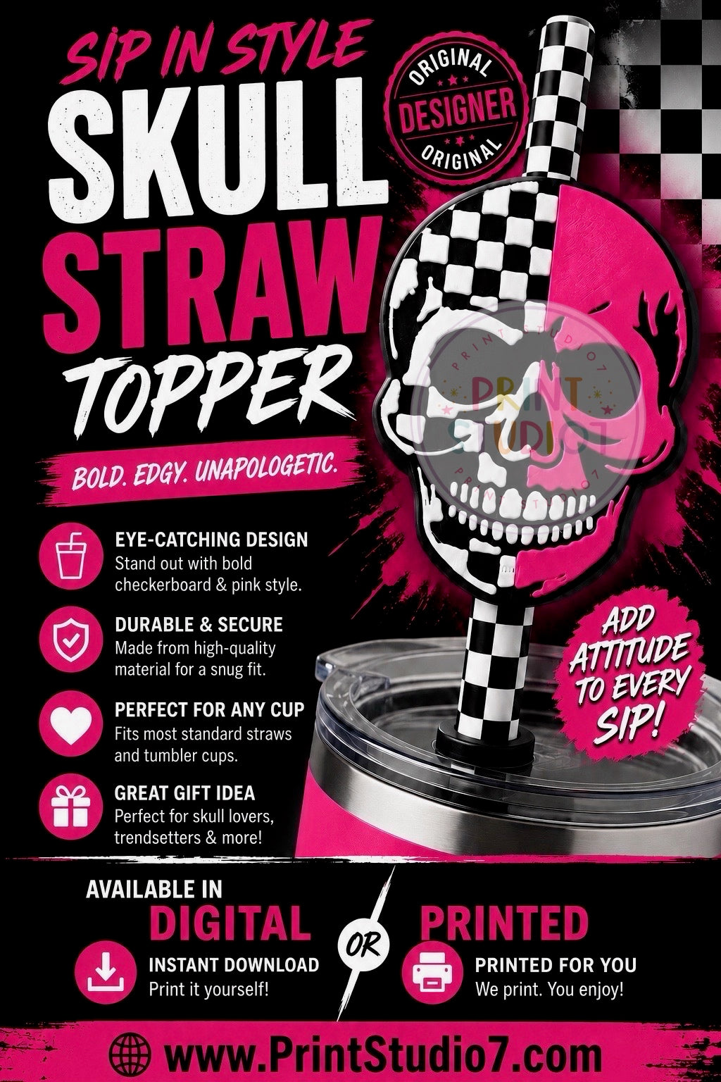 Straw Topper Red Skull Check
