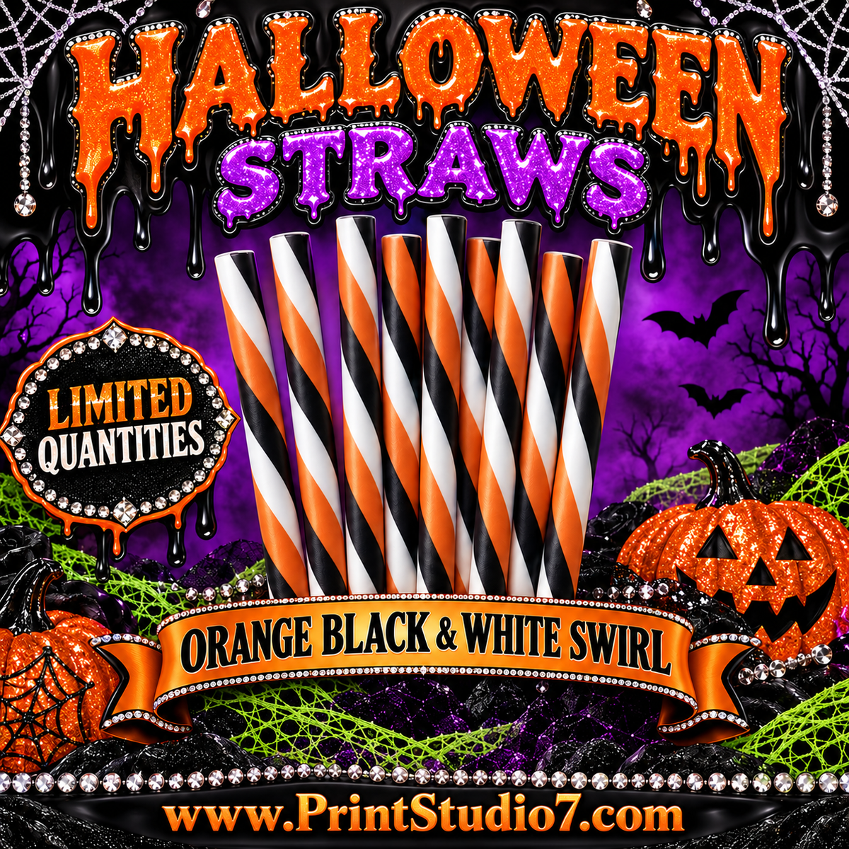 Straws: Halloween Theme - Orange/Black/White Stripe