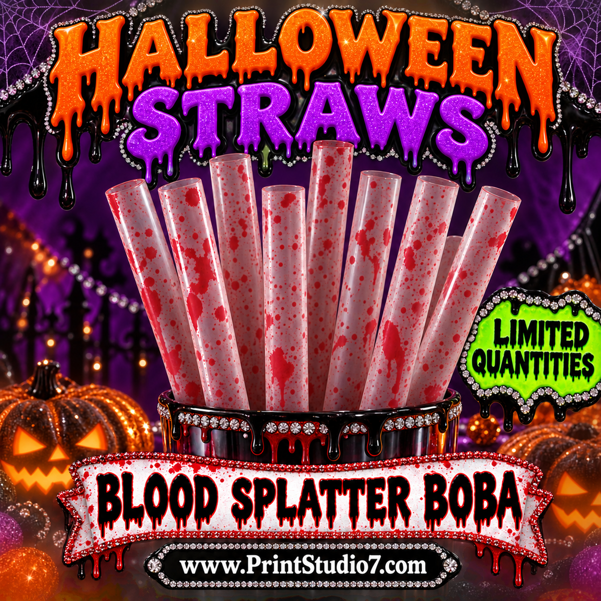 Straws: Halloween Theme - Boba Clear With Blood Splatter